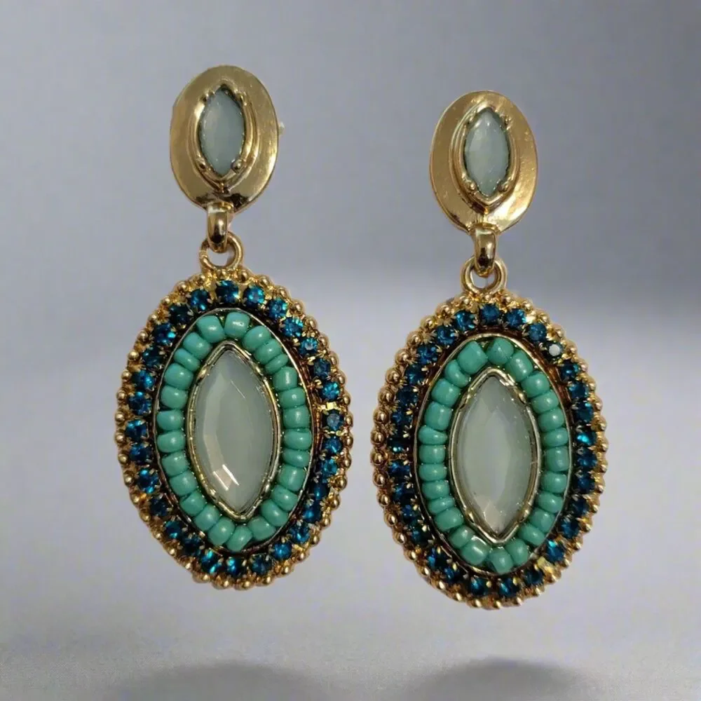 Vintage-Inspired Blue & Gold Dangle Earrings – Statement Oval Drop Jewelry